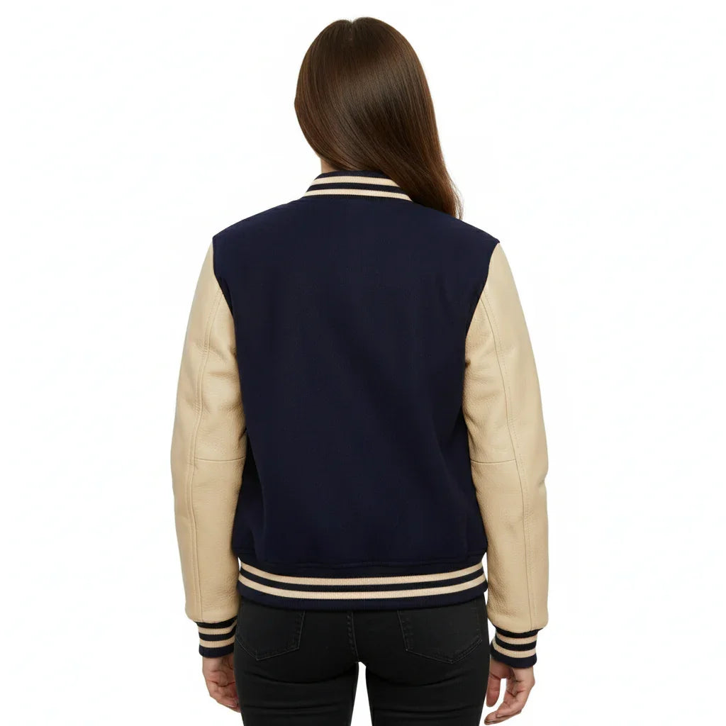 Women's Varsity Bomber Letterman Navy Wool & Cream Real Leather Sleeves Jacket