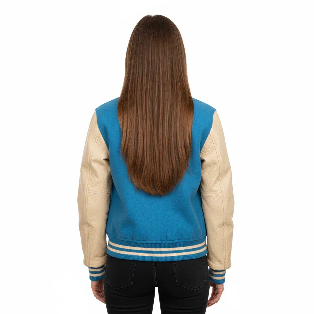 Women's Varsity Bomber Letterman Sky Wool & Cream Real Leather Sleeves Jacket