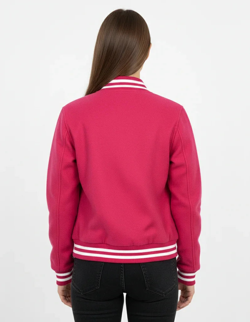 All Wool Women's Varsity Bomber Letterman Hot Pink Jacket