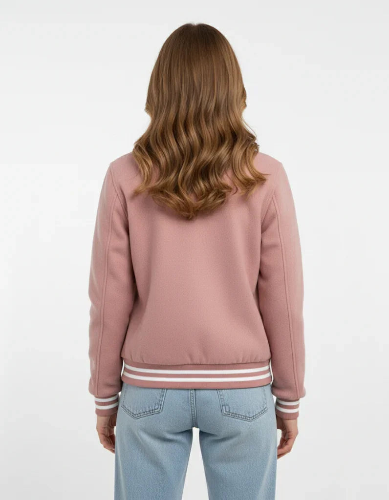 All Wool Women's Varsity Bomber Letterman Lt.Pink Jacket