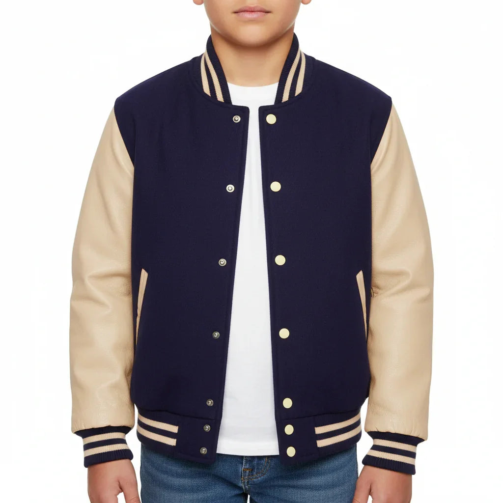 Varsity Bomber Letterman Navy Wool & Cream Real Leather Sleeves Jacket