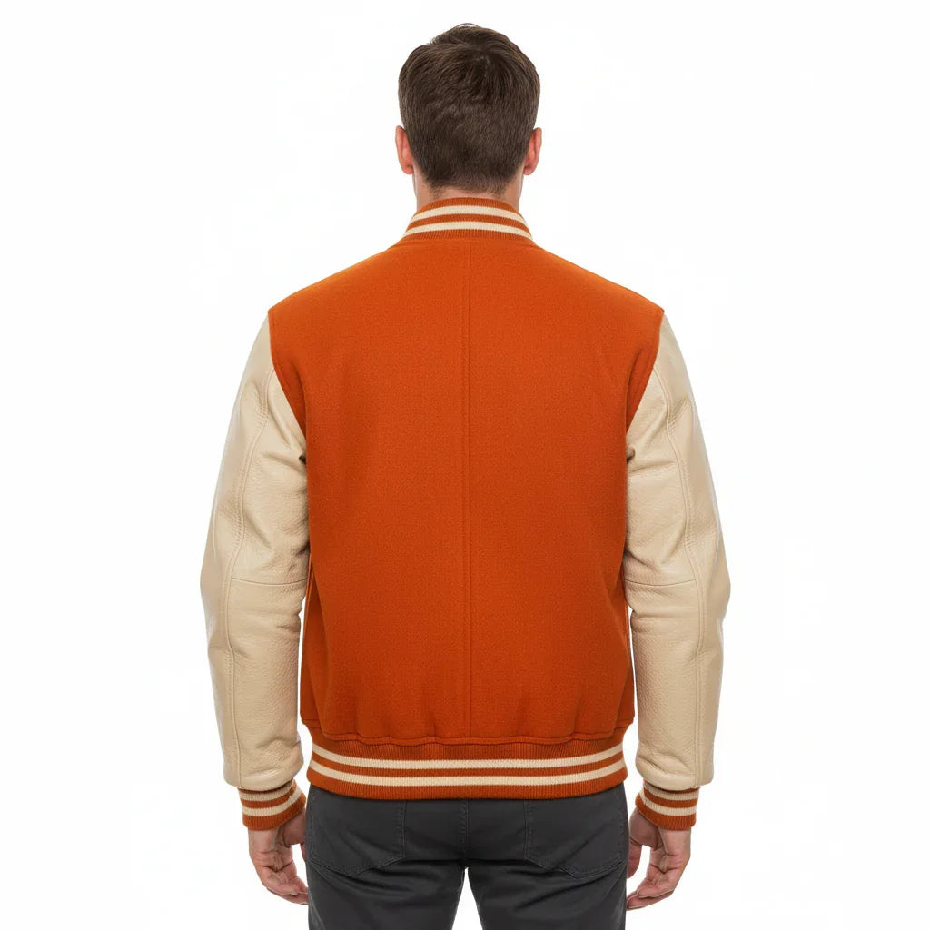 Varsity Bomber Letterman Orange Wool & Cream Real Leather Sleeves Jacket