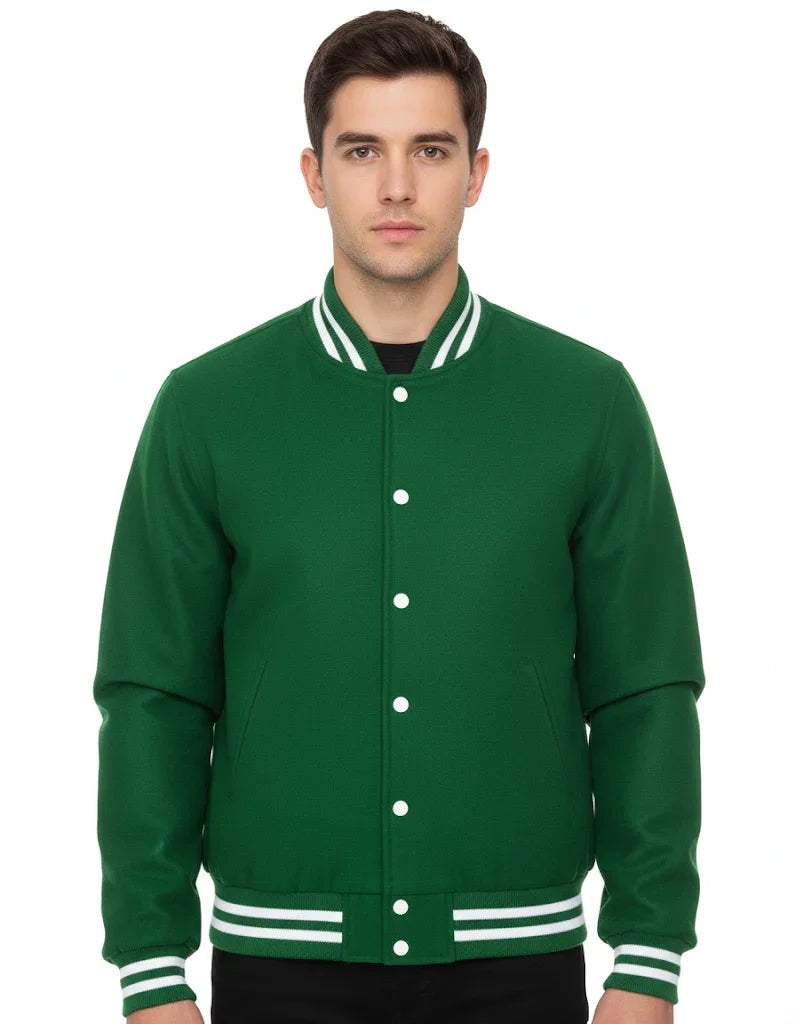 All Wool Varsity Bomber Letterman Green Jacket