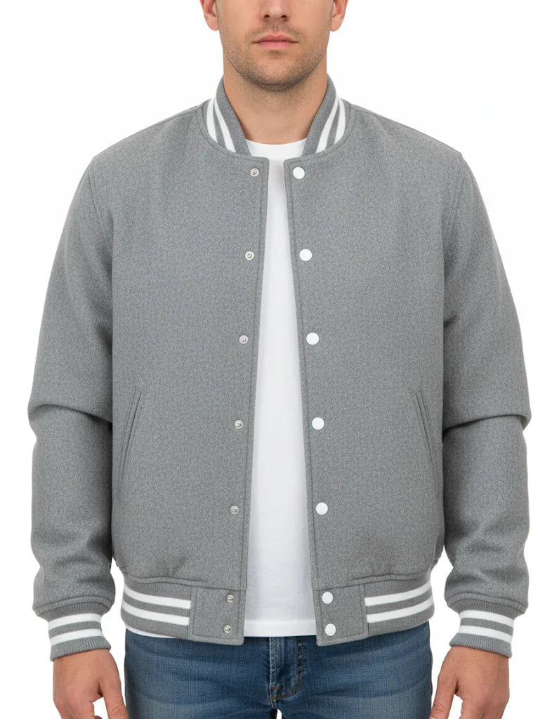 All Wool Varsity Bomber Letterman Lt.Grey Jacket