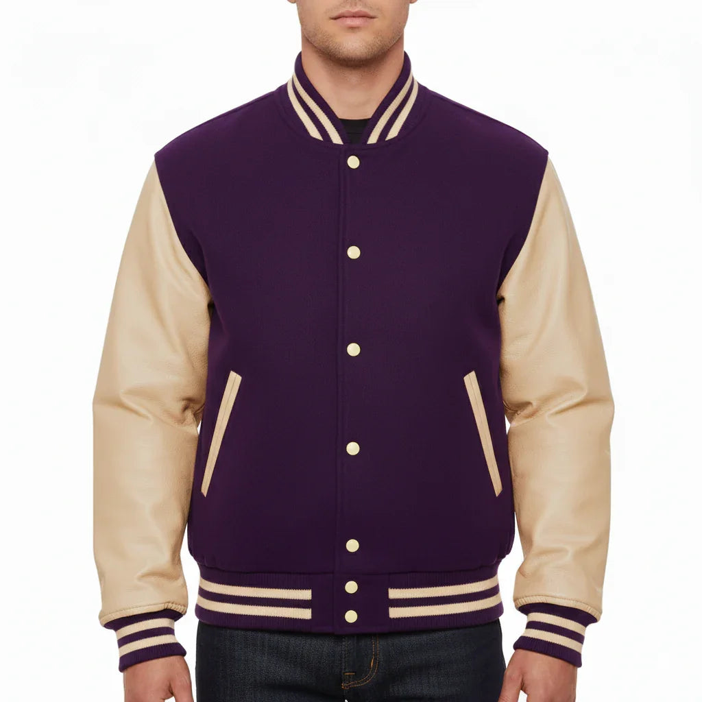 Varsity Bomber Letterman Purple Wool & Cream Real Leather Sleeves Jacket