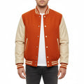 Varsity Bomber Letterman Orange Wool & Cream Real Leather Sleeves Jacket