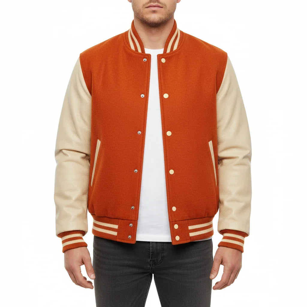 Varsity Bomber Letterman Orange Wool & Cream Real Leather Sleeves Jacket