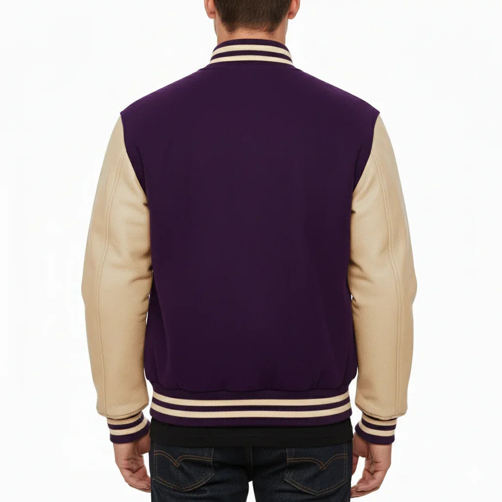 Varsity Bomber Letterman Purple Wool & Cream Real Leather Sleeves Jacket